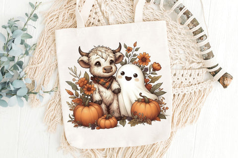 Retro Halloween Ghost And Highland Cow PNG| Floral Halloween Sublimation Png. Sublimation CosmosFineArt 