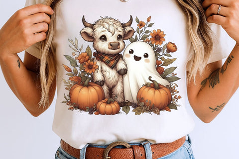 Retro Halloween Ghost And Highland Cow PNG| Floral Halloween Sublimation Png. Sublimation CosmosFineArt 