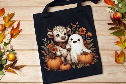 Retro Halloween Ghost And Highland Cow PNG| Floral Halloween Sublimation Png. Sublimation CosmosFineArt 
