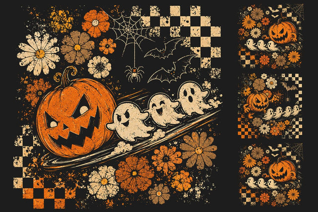 Retro Halloween PNG, Vintage Pumpkin Ghost Sublimation Design, Spooky Season Shirt PNG, Retro Flower Halloween PNG, Distressed Halloween PNG SVG DesignDestine 