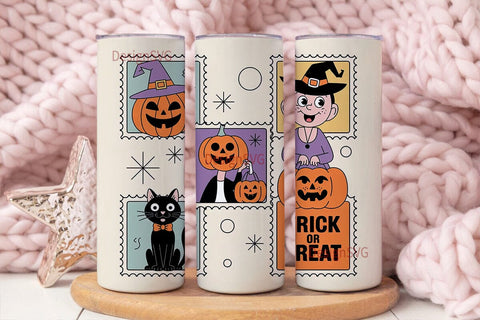 Retro Halloween Postage Stamps Tumbler Sublimation DesignSVG 