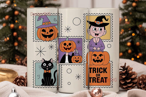 Retro Halloween Postage Stamps Tumbler Sublimation DesignSVG 