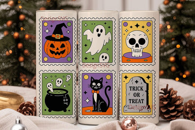 Retro Halloween Postage Stamps Tumbler Sublimation DesignSVG 