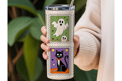 Retro Halloween Postage Stamps Tumbler Sublimation DesignSVG 