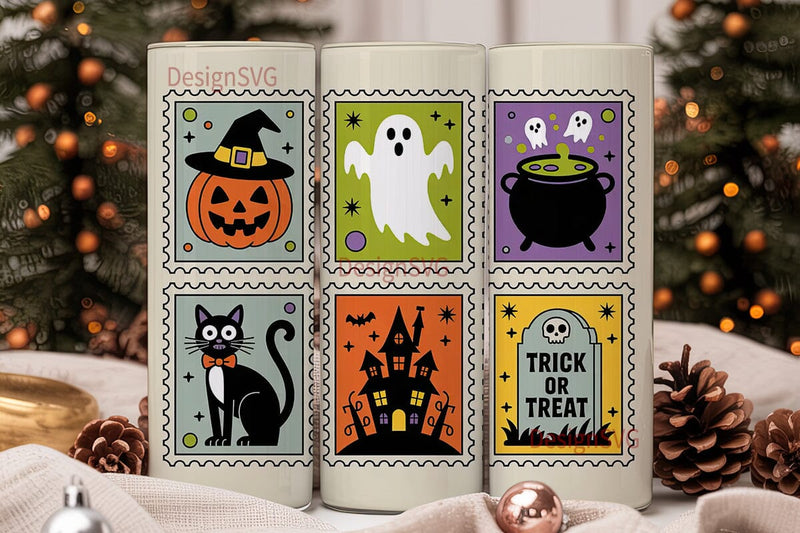 Retro Halloween Postage Stamps Tumbler Sublimation DesignSVG 
