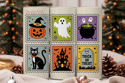 Retro Halloween Postage Stamps Tumbler Sublimation DesignSVG 
