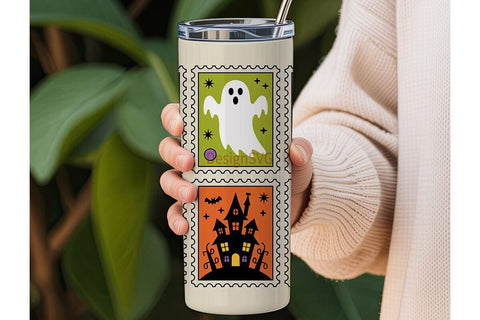 Retro Halloween Postage Stamps Tumbler Sublimation DesignSVG 