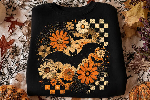 Retro Halloween Pumpkin Bat Floral PNG SVG DesignDestine 