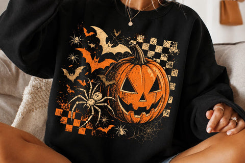 Retro Halloween Pumpkin Bat Floral PNG SVG DesignDestine 