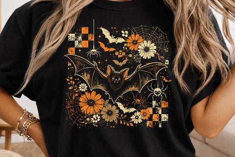 Retro Halloween Pumpkin Bat Floral PNG SVG DesignDestine 