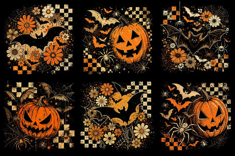 Retro Halloween Pumpkin Bat Floral PNG SVG DesignDestine 