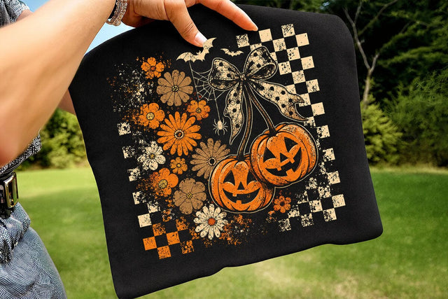 Retro Halloween Pumpkin Cherry Bow PNG SVG DesignDestine 