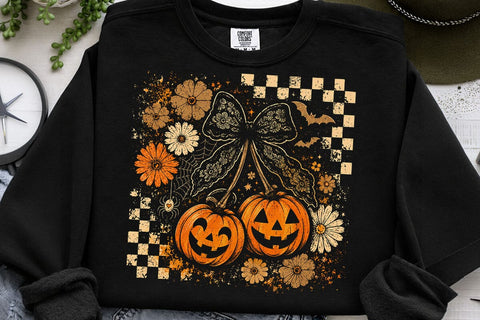 Retro Halloween Pumpkin Cherry Bow PNG SVG DesignDestine 