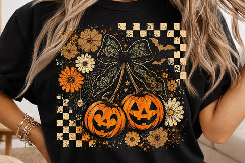Retro Halloween Pumpkin Cherry Bow PNG SVG DesignDestine 