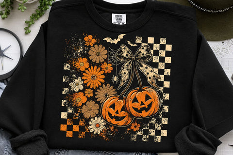 Retro Halloween Pumpkin Cherry Bow PNG SVG DesignDestine 