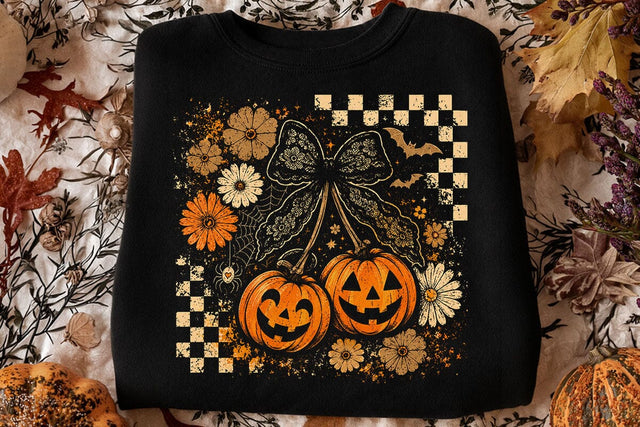 Retro Halloween Pumpkin Cherry Bow PNG SVG DesignDestine 