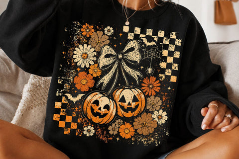 Retro Halloween Pumpkin Cherry Bow PNG SVG DesignDestine 