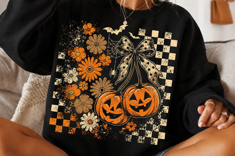 Retro Halloween Pumpkin Cherry Bow PNG SVG DesignDestine 