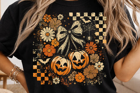 Retro Halloween Pumpkin Cherry Bow PNG SVG DesignDestine 