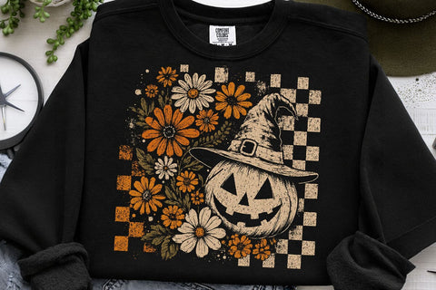 Retro Halloween Pumpkin Witch Hat Floral PNG SVG DesignDestine 