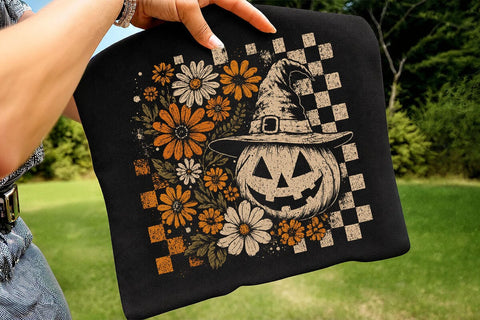 Retro Halloween Pumpkin Witch Hat Floral PNG SVG DesignDestine 