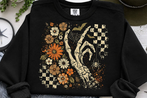 Retro Halloween Skeleton Hand Floral PNG SVG DesignDestine 