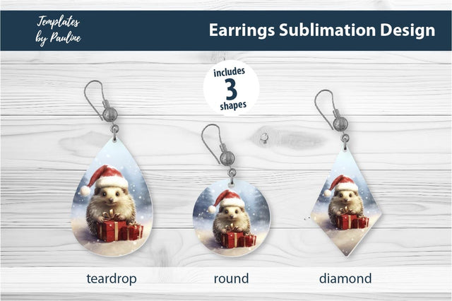 Retro Hedgehog Christmas Earrings Sublimation Design Sublimation Templates by Pauline 