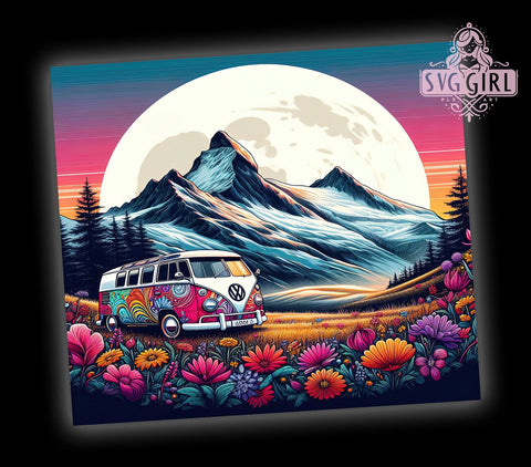 Retro Hippie Van Sunset Flowers 20oz Tumbler Wrap Sublimation Design, Straight Tapered Tumbler Wrap, Retro Hippie Tumbler Png, Instant Digital Download Sublimation SvggirlplusArt 