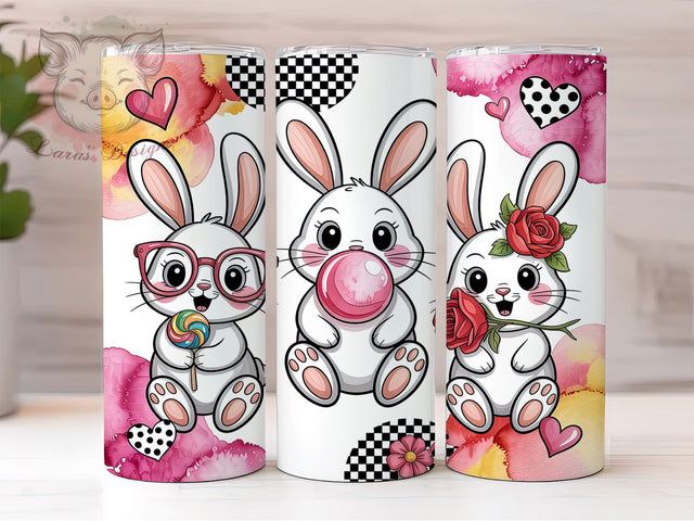Retro Leopard Bunny Tumbler, Retro Bunny, Hearts Pattern, Leopard Print, Whimsical Style, 20Oz Tumbler, Sublimation Wrap Sublimation Lara' s Designs 