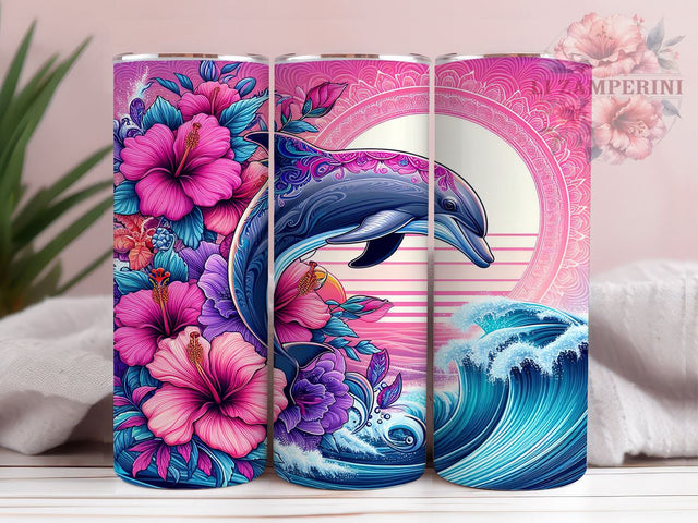 Retro Mandala Dolphin 20 oz Skinny Tumbler Sublimation Design, Straight & Tapered Tumbler Png, Hibiscus Floral Dolphin Ocean Beach Tumbler Png, Digital Download PNG Sublimation Li Zamperini 