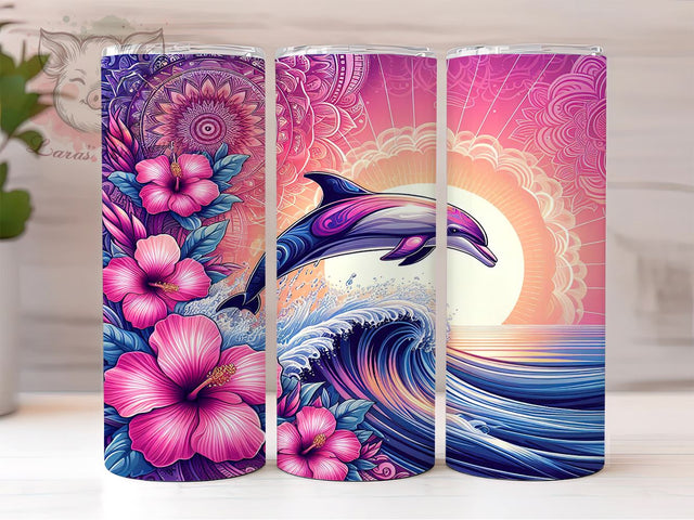 Retro Mandala Dolphin 20 oz Skinny Tumbler Sublimation Design, Straight & Tapered Tumbler Png, Tropical Hibiscus Floral Tumbler Png, Digital Download PNG Sublimation Lara' s Designs 