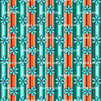 Retro Mid Century Blue And Orange Stripes And Flowers Pattern Digital Paper Digital Pattern Karma Genie Graphics 
