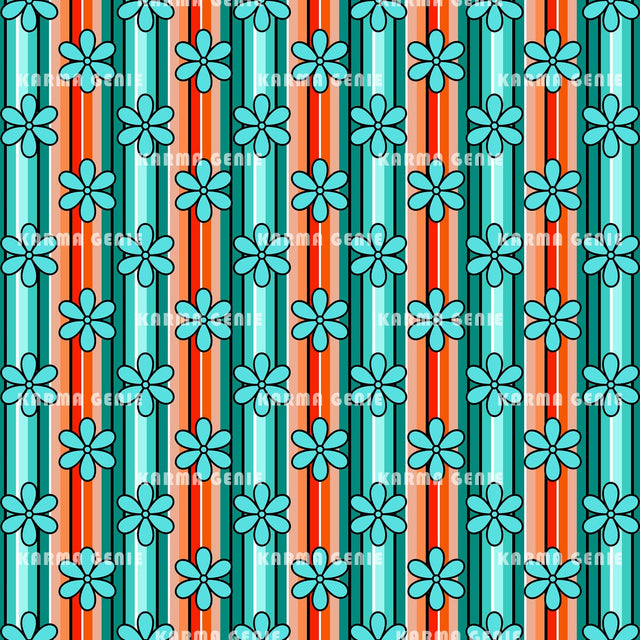 Retro Mid Century Blue And Orange Stripes And Flowers Pattern Digital Paper Digital Pattern Karma Genie Graphics 