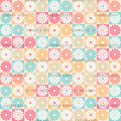 Retro Mid Century Colorful Daisy Flowers Checked Pattern Digital Paper Digital Pattern Karma Genie Graphics 