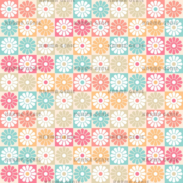 Retro Mid Century Colorful Daisy Flowers Checked Pattern Digital Paper Digital Pattern Karma Genie Graphics 