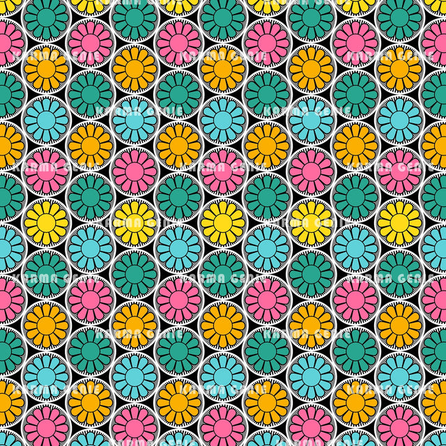 Retro Modern Colourful Daisy Flowers Mid Century Pattern Digital Paper Digital Pattern Karma Genie Graphics 