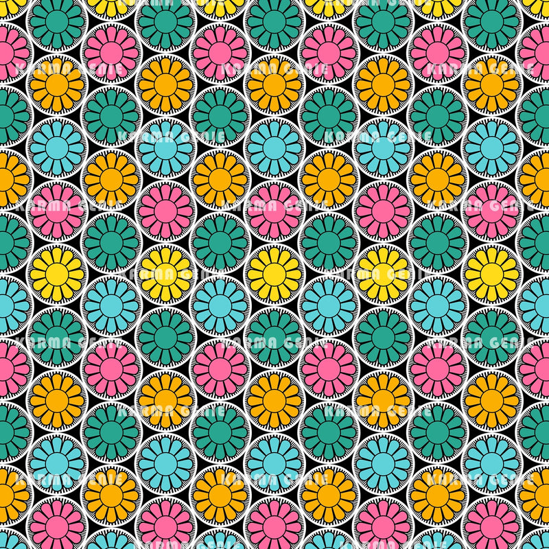 Retro Modern Colourful Daisy Flowers Mid Century Pattern Digital Paper Digital Pattern Karma Genie Graphics 