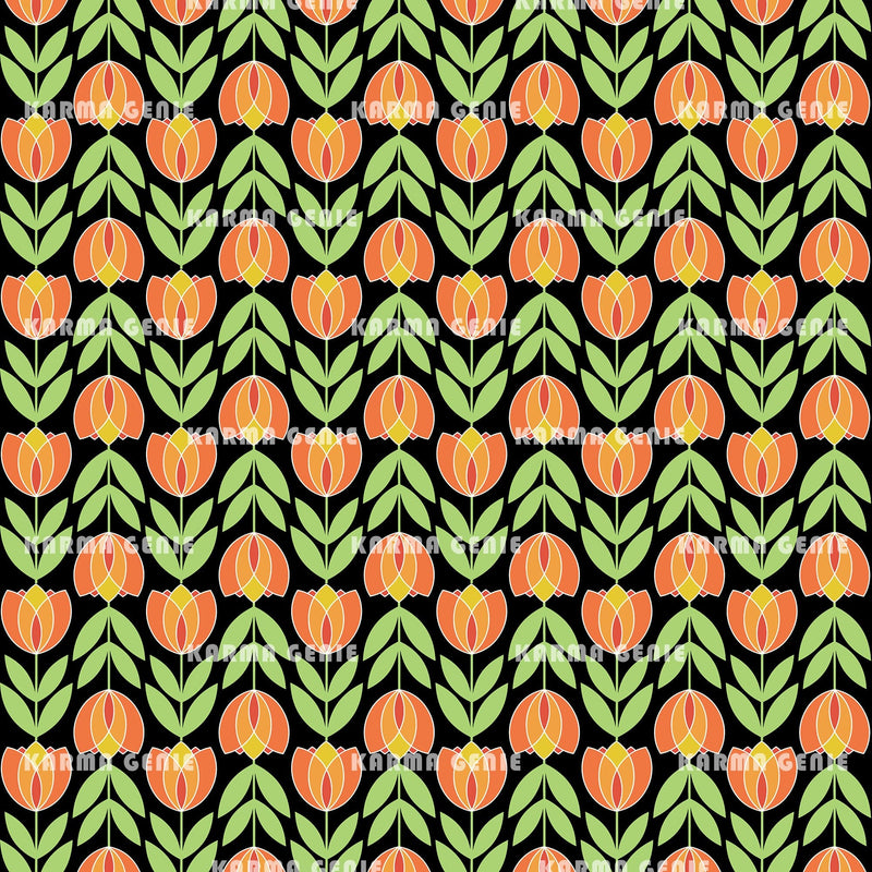 Retro Modern Mid Century Orange And Green Tulip Flowers Pattern Digital Paper Digital Pattern Karma Genie Graphics 