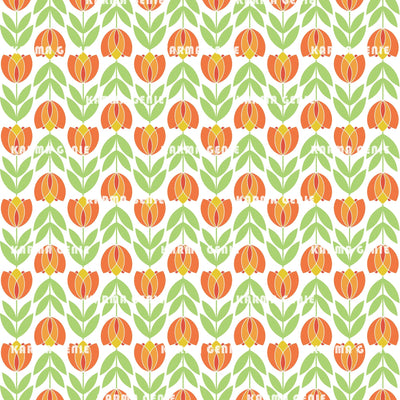 Retro Modern Mid Century Orange Green Tulip Flowers Background Pattern Digital Paper Digital Pattern Karma Genie Graphics 