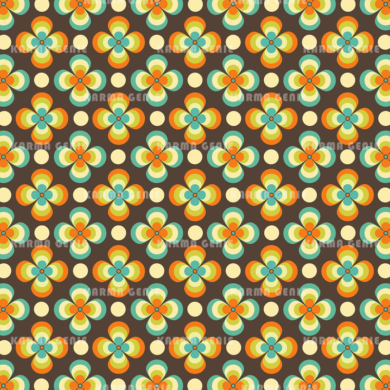 Retro Modern Orange Green Blue Seventies Style Floral Pattern Digital Paper Digital Pattern Karma Genie Graphics 