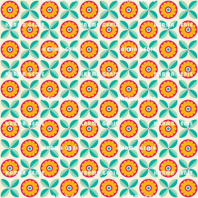 Retro Modern Orange Red Green 70s Abstract Flowers & Leaves Pattern Digital Paper Digital Pattern Karma Genie Graphics 