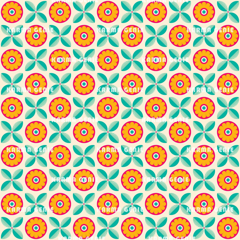 Retro Modern Orange Red Green 70s Abstract Flowers & Leaves Pattern Digital Paper Digital Pattern Karma Genie Graphics 