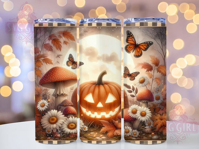Retro Mushroom Pumpkin Fall Tumbler, Halloween Floral Wrap, Retro Fall Tumbler, Pumpkin Sublimation Design, Autumn Mushroom Wrap, 20Oz Skinny Tumbler, Vintage Halloween Drinkware Sublimation SvggirlplusArt 