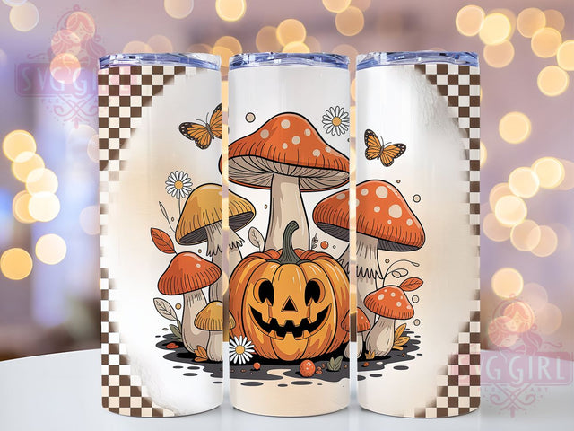 Retro Mushroom Pumpkin Fall Tumbler, Halloween Floral Wrap, Retro Fall Tumbler, Pumpkin Sublimation Design, Autumn Mushroom Wrap, 20Oz Skinny Tumbler, Vintage Halloween Drinkware Sublimation SvggirlplusArt 