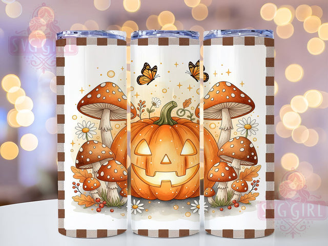 Retro Mushroom Pumpkin Fall Tumbler, Halloween Floral Wrap, Retro Fall Tumbler, Pumpkin Sublimation Design, Autumn Mushroom Wrap, 20Oz Skinny Tumbler, Vintage Halloween Drinkware Sublimation SvggirlplusArt 