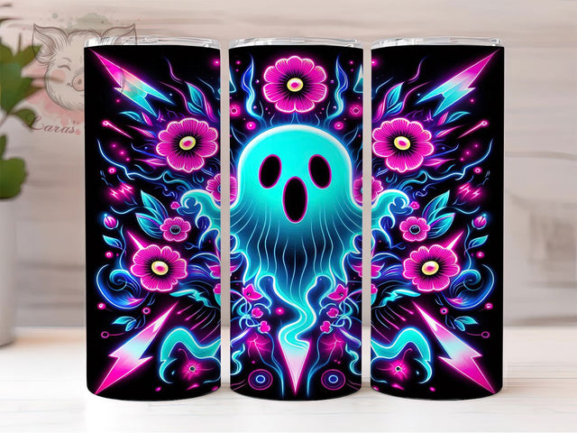 Retro Neon Floral Halloween Ghost Tumbler, Trendy Halloween Wrap, Neon Floral Design, 20Oz Skinny Tumbler, Ghost Sublimation Wrap, Bright Spooky Drinkware, Vintage Halloween Tumbler Sublimation Lara' s Designs 