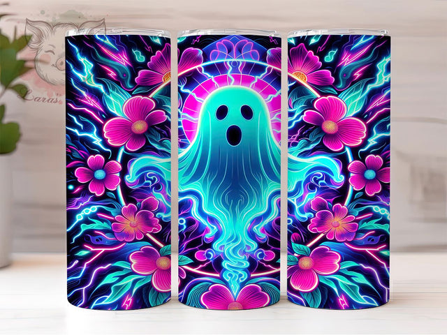 Retro Neon Floral Halloween Ghost Tumbler, Trendy Halloween Wrap, Neon Floral Design, 20Oz Skinny Tumbler, Ghost Sublimation Wrap, Bright Spooky Drinkware, Vintage Halloween Tumbler Sublimation Lara' s Designs 