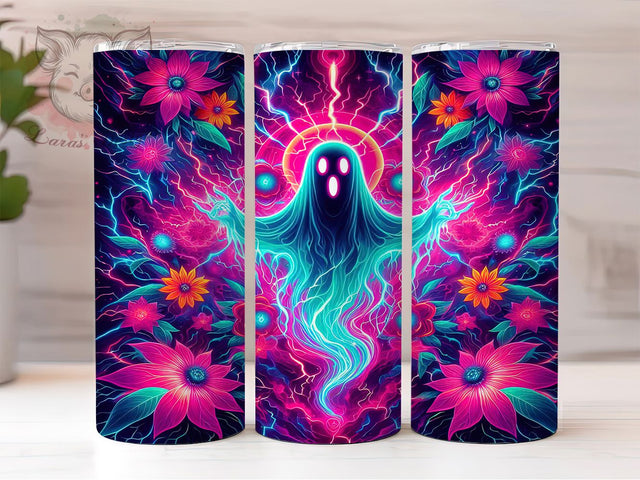 Retro Neon Floral Halloween Ghost Tumbler, Trendy Halloween Wrap, Neon Floral Design, 20Oz Skinny Tumbler, Ghost Sublimation Wrap, Bright Spooky Drinkware, Vintage Halloween Tumbler Sublimation Lara' s Designs 