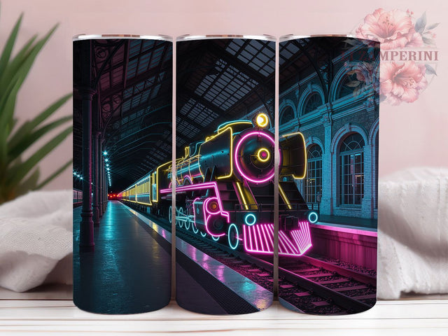 Retro Neon Steam Train Tumbler Wrap, Steam Train Tumbler, Retro Neon Sublimation, Vintage Locomotive Cup, Glow Train Drinkware, Neon Railway Mug, Retro Train Digital Sublimation Li Zamperini 