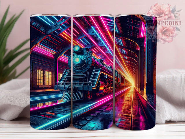 Retro Neon Steam Train Tumbler Wrap, Steam Train Tumbler, Retro Neon Sublimation, Vintage Locomotive Cup, Glow Train Drinkware, Neon Railway Mug, Retro Train Digital Sublimation Li Zamperini 